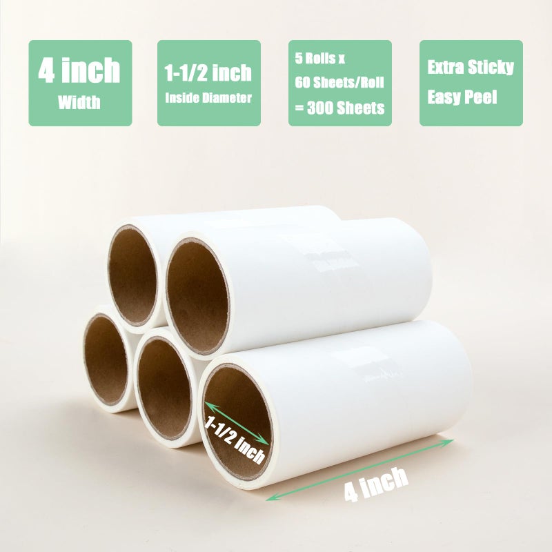 MINGRACE 4 inch Lint Roller Refills Only, Extra Sticky Roller Refills for Pet Hair, Pack of 5 Refills 60 Sheets per Refill Total 300 Sheets (Inside Diameter 1-1/2 inch) - Image 2